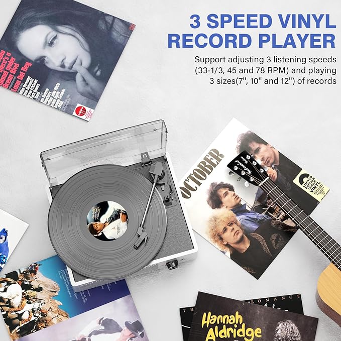 Vinyl Record Player with 2 Stereo Speakers Belt-Driven Vintage Turntables 3 Speed 3 Size Wireless Bluetooth Playback AUX-in RCA Out Headphone LP Vinyl Players Auto Stop Pale Silver