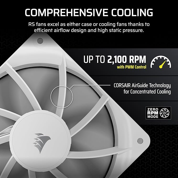 CORSAIR RS120 120mm PWM Fans – Daisy-Chain Connection – Low-Noise – Magnetic Dome Bearing – Triple Pack – White