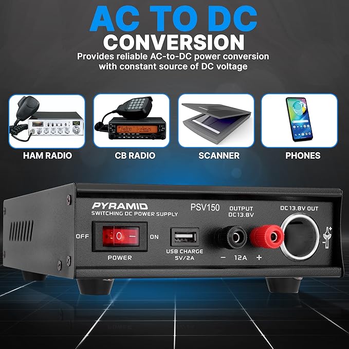 Pyramid Universal Compact Bench Power Supply- 12Amp Variable Linear Regulated Home Lab Benchtop AC-DC Power Converter - USB Port,Cigarette Lighter,115/230V AC,Screw Terminal,Cooling Fan - PSV150,Black