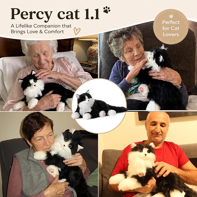 Interactive Companion Robot Cat Pets, Black Cat Stuffed Animals with Small Scarf, Emotional Support Plush with Voice Response, Realistic Heartbeat, Purring Sounds, Volume Control, Rechargeable