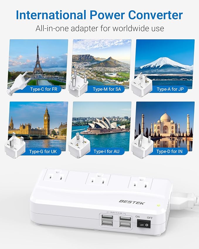 BESTEK 220v to 110v Voltage Converter, US to Europe Converter with 4 USB, 250W Power Converter for European Travel, (EU/UK/AU/JP/India/South Africa 5 Universal Plug Adapter)