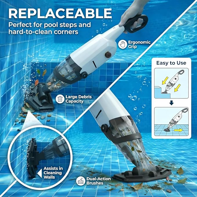 Handheld Pool Vacuum Cleaner, Updated Cordless Pool Cleaner with Powerful Suction, 15 GPM, Great for Dirt Sand Debris for Hot Tub Spa Floor Pool (Gray)