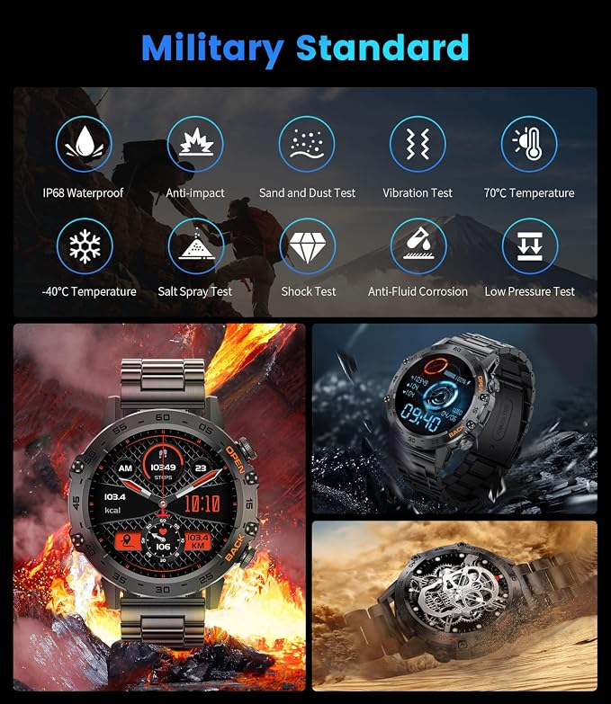 SUNKTA Smart Watches for Men(Answer/Calls),1.39 inch Touchscreen/5ATM Waterproof/120+ Sports Modes Fitness Watch with Heart Rate for Android/iOS Steel Black