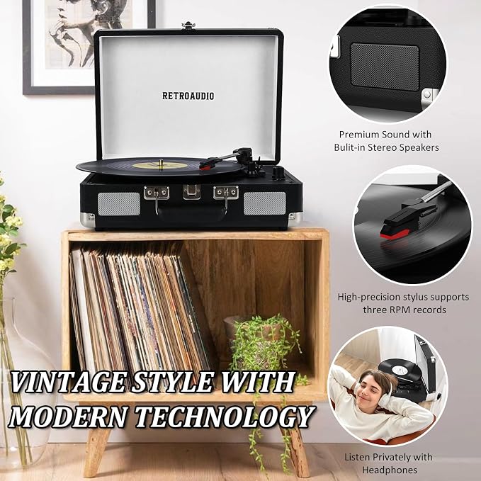 Vinyl Record Player 3-Speed Bluetooth Portable Suitcase Belt-Driven Record Player with 2 Built-in Stereo Speakers Vinyl Vintage Turntable Phonograph Records Player with RCA Line Out, AUX Out (Black)