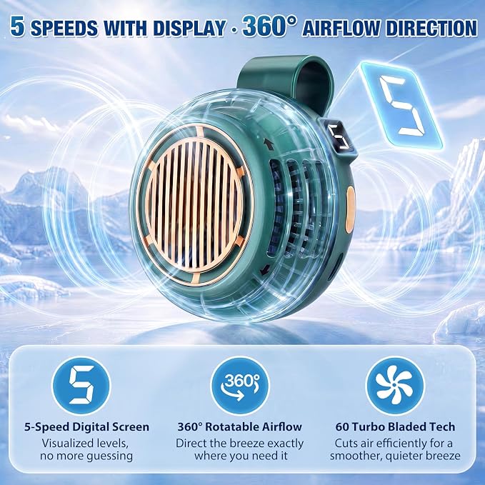 2 Pack Portable Silent Mini Bladeless Fan Clip On 5 Adjustable Speeds Digital Display 360 Rotatable USB Rechargeable Electric Small Fan for Shirt Waist Outdoor Travel(Green)