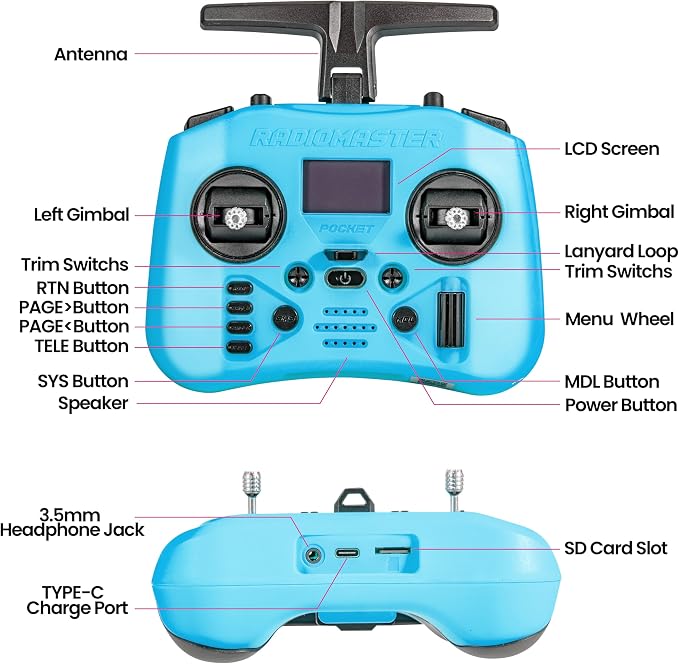 Radiomaster Pocket ELRS Remote Controller Portable Hall Gimbal EdgeTX 2.10.5 Transmitter with LED Light for FPV Drone/RC Helicopter&Car Boats&Multirotor (Battery Not Included)
