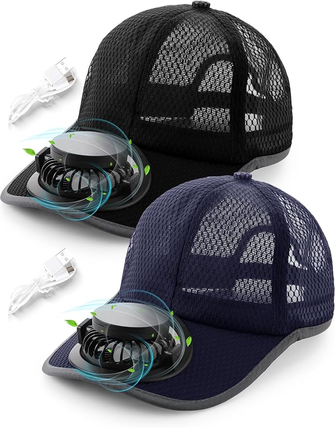 Yaomiao 2 Pcs Solar Baseball Cap with Fan Unisex Sun Protection USB Charging Fan Mesh Hat for Summer Outdoor