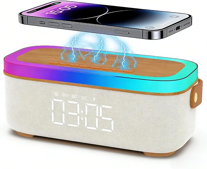 4-in-1 Alarm Clock Bedrooms for Heavy Sleeper, Bluetooth Clock Sync with Phone, Portable Bluetooth Speaker, 15W Wireless Charging Station, Ambient Mood Night Light, Trendy Gift Room Decor