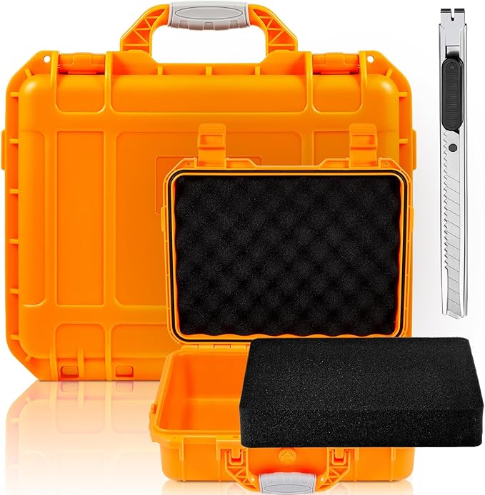 Relaxweex 1 Pcs Waterproof Hard Case with DIY Customizable Foam Insert Portable Protective Case with Knife for Camera Drones Equipments Tools Test Instruments(Orange,8.5 x 6.5 x 3.7 Inch)