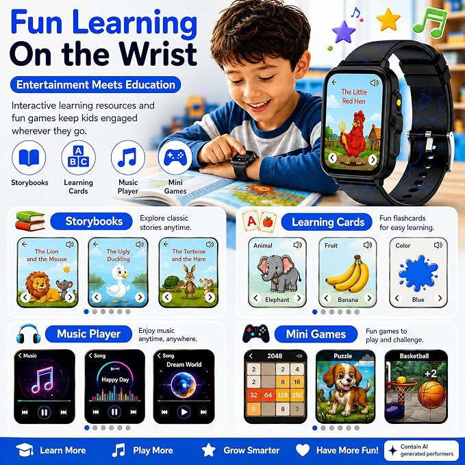 Smart Watch for Kids Boys Age 5-12, Ai Functions Games HD Touch Screen Watches with Video Camera Music Player Pedometer Heart Rate Sleep Tracker Christmas Birthday Gifts for Boys (Black, 1.85")