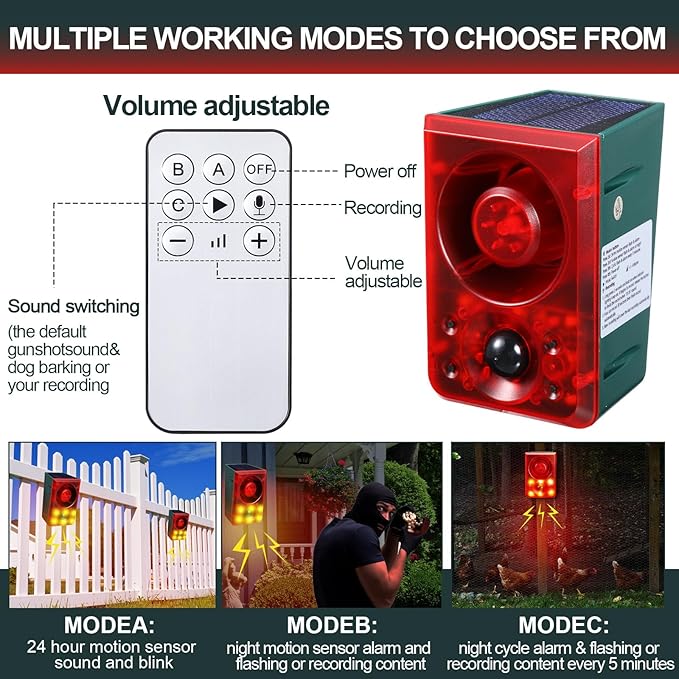 Qualirey Solar Outdoor Motion Sensor Alarm Animal Deterrent Gunshot Sound Dog Barking Alarm 130dB Loud Noise Maker 3 Modes with USB Remote Control Support Recording and Volume Adjustment(4 Pcs,Red)