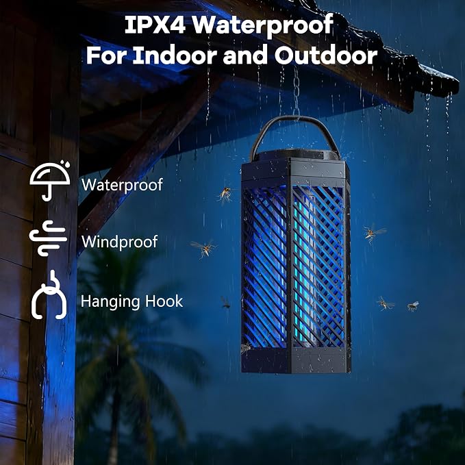 Rechargeable Bug Zapper Outdoor Indoor, 8000mAh Electric Mosquito Zapper with LED Night Light, 2 in 1 Portable & Cordless Bug Zapper Outdoor Waterproof, Wireless Hanging Fly Zapper for Camping Patio