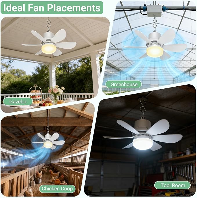 Solar Fan for Gazebo with Light, 18000mAh Rechargeable Solar Powered Patio Ceiling Fan with Remote, 17.5'' Portable Outdoor Hanging Fans for Pergola| Backyard| Camping| Tent| RV Canopy, IP54 Rated
