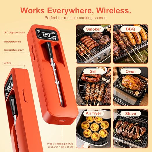 Smart Bluetooth Wireless Meat Thermometer with Ceramic Probe,±1°F Accuracy,IPX8,Real-Time Readings from App or Standalone Display Base for BBQ,Grill,Smoker,Steak,Turkey,Chicken,Pork,Lamb