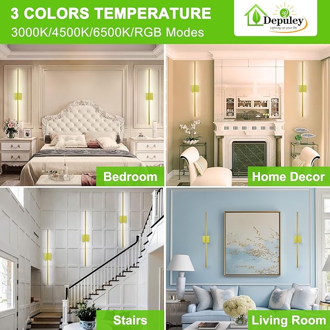 Depuley Battery Operated Wall Sconce: Set of 2 Wireless Wall Lights with Remote for Bedroom - Rechargeable 15 Colors Gold Wall Lamp for Living Room Hallway Home Decor