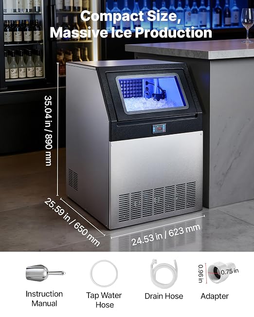 VEVOR Commercial Ice Maker Machine, 440 lbs/24h with 85 lbs Storage Capacity, Built-in/Freestanding/Under Counter, Stainless Steel Ice Maker with LED Display & Self-Cleaning, for Home Bar Restaurant