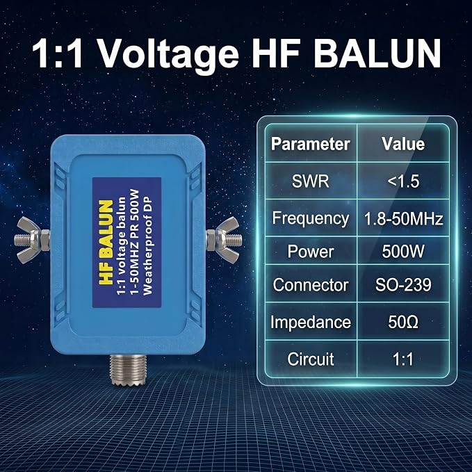 1:1 Mini Voltage Balun Antenna, 500W HF Band (1-50MHz) Ham Radio Balun for Dipole Antenna - Weatherproof Design with SO-239 UHF Female Connector