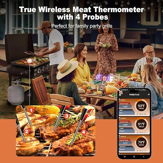 Bluetooth Meat Thermometer | Digital Wireless Meat Thermometer with Ceramic Ultra-Thin 4 Probes| Remote Range- Real time Reading | Monitor Meat Temp for BBQ Upto 300°C (572°F) App for iOS Android