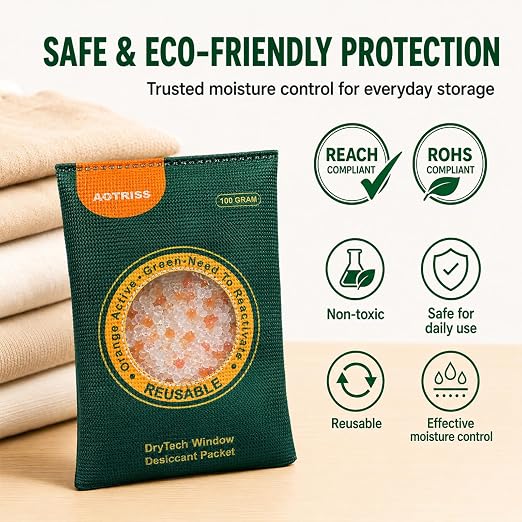 5 Packs 100g Silica Gel Packets, Reusable Desiccant Pack with Color Indicator, Moisture Absorber for Safe, Car, Closet & Storage, Color-Changing Silica Gel with Microwave Reactivation