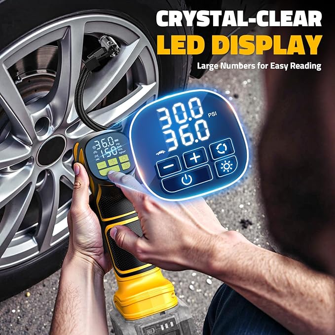 DIYtoolifz 150PSI Tire Inflator Portable Air Compressor: Cordless Air Pump Compatible with Dewalt 20V Battery - Car Tire Pump with Digital Pressure Gauge & LED Light for Auto, Motorcycles (Tool Only)