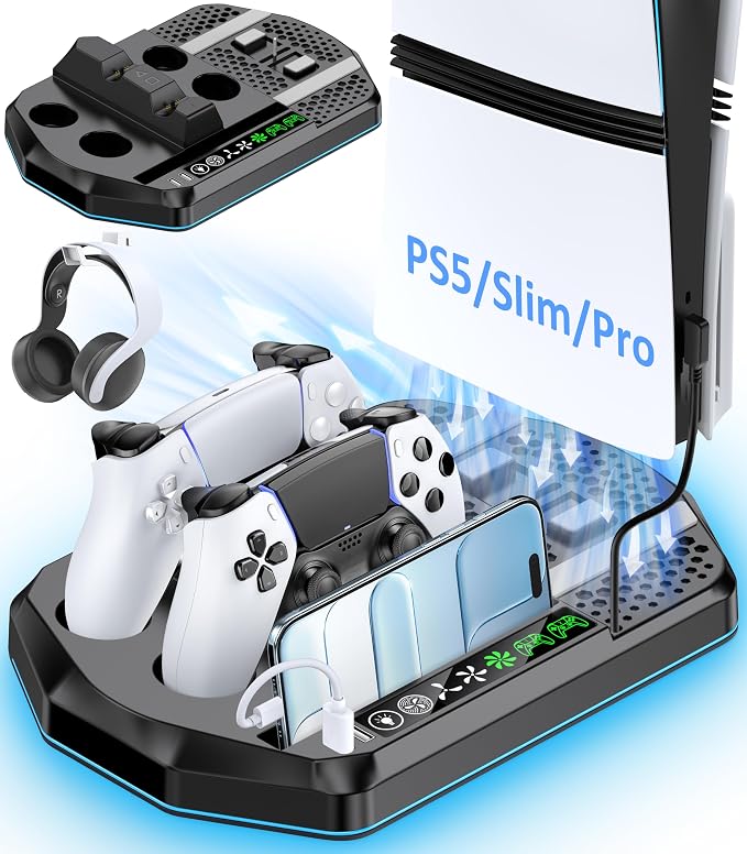 Cooling Station with Controller Charger for PS5/Slim/Pro, PlayStation 5 Vertical Stand for Disc & Digital Console, Dual PS 5 Controller Charging Station with 3 Level Cooling Fan, PS5 Accessory - Black