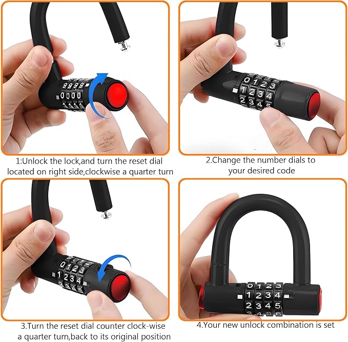 Security Cable Lock Set (4 Digital Combination U-Lock & 4 ft x 1/2" Flexible Steel Sealed Looped Ends Cable),Heavy Duty Anti-Theft U Lock with Steel Security Chain for Bikes, Outdoor Equipment