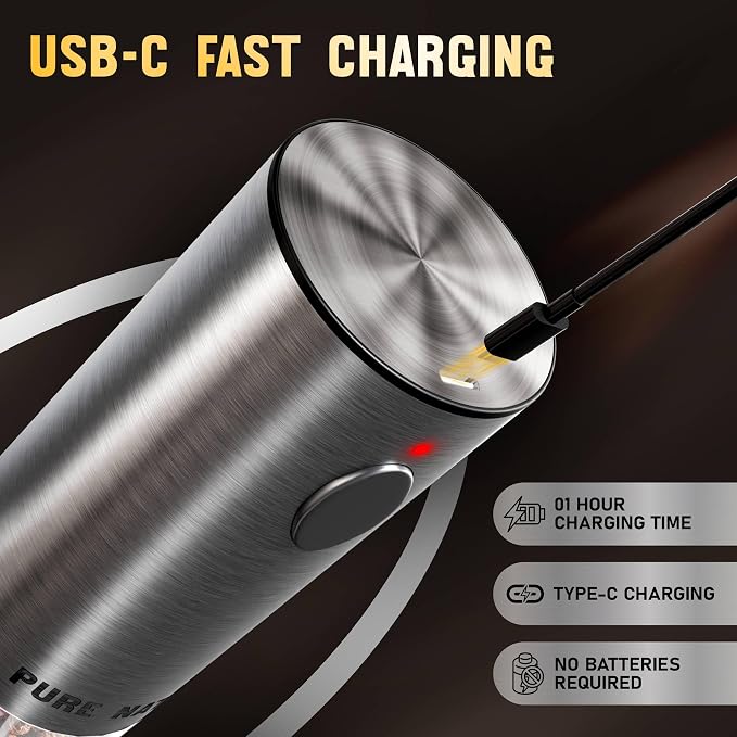 Pure Nature Electric Rechargeable Salt and Pepper Grinder Set with Tray – Stainless Steel Automatic Grinders, 5 Adjustable Coarseness Levels, LED Light, Refillable, Type-C Fast Charging