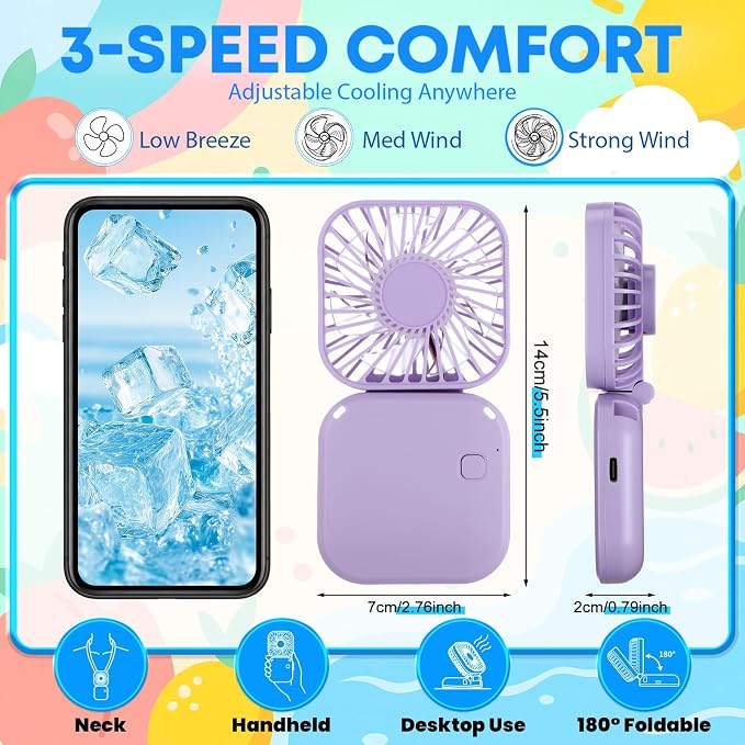 Reallnaive 12 Pcs Skinny Tumbler Bulk and Mini Portable Fans Set for Summer, 16 oz Plastic Cups with Lids Straws and Small USB Rechargeable Handheld Fan for Cooling Gift (Purple)