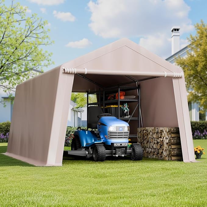 VEVOR 10 x 15 ft Outdoor Storage Shed Tent with Heavy-Duty Steel Frame, 2 Roll-Up Doors & Air Vents, Waterproof Portable Garage Carport Shelter for Motorcycle, Lawn Mower, Garden Tools, Beige