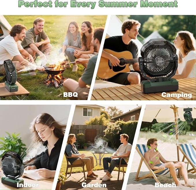 460ml Tank Portable Misting Fan,36000mAh Rechargeable Battery Powered Camping Fan with 4 Speeds,3 Timers,2 Light Modes,Jobsite Beach Summer Essentials,Mist Fan for Indoor Outdoor Patios Travel,Green