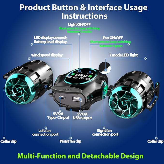Portable Waist Fan, Shirt Fan with Light, 2025 Upgrade Cool Clip Rechargeable,8000mAh Power Bank,4 Speeds 12000RPM Strong Airflow for Camping Travel Fishing Hiking Cycling (Green Black)