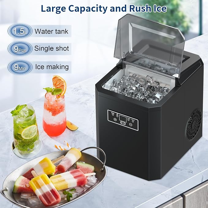 Ice Cube Maker, Counter Top Ice Maker with 2 Ways to Add Water, 33LBS/24H Ice Machine with Transparent Lid Perfect for Home, Office, Kitchen, RV, Basement Bars