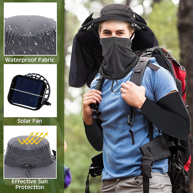 3 Pcs Solar Fan Hat with Arm Sleeves Neck Gaiter Wide Brim Sun Hat Solar Powered USB Charging for Men Women