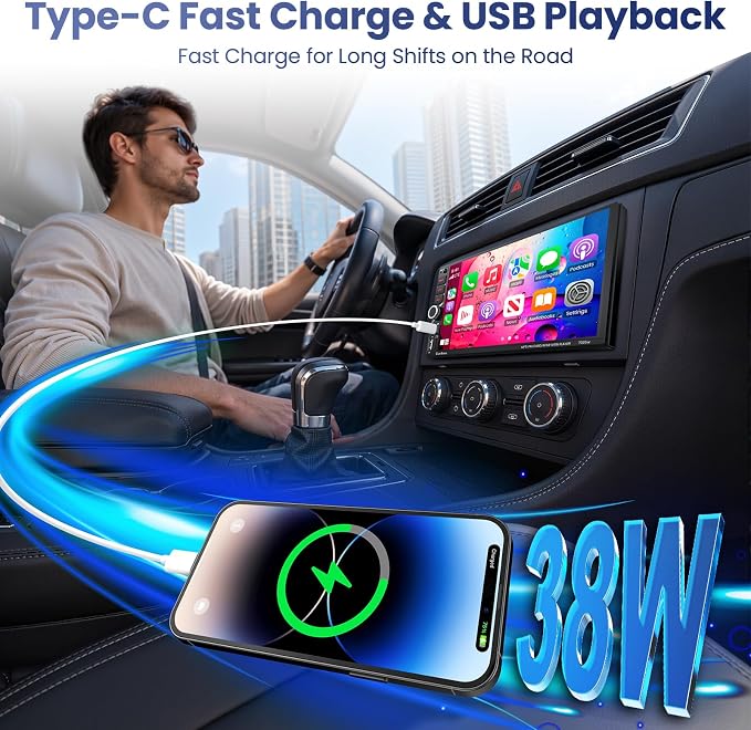 7" Double Din Car Stereo with Wireless Apple CarPlay & Android Auto,QLED IPS Touchscreen Double Din Radio,1080P Backup Camera, Voice Control, Type-C Fast Charging,Bluetooth 6.0, GPS, AM/FM, EQ
