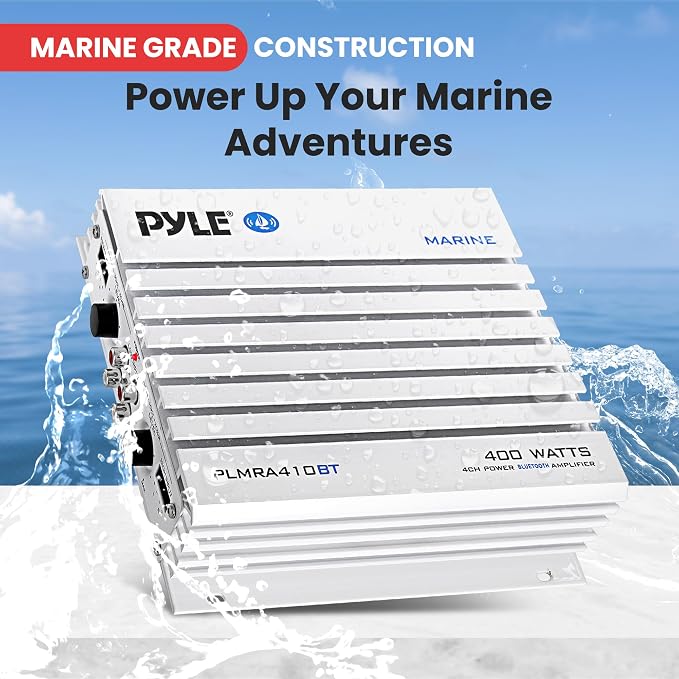 Pyle 2.1 Bluetooth Marine Amplifier Receiver - Waterproof 4 Channel Wireless Bridgeable Audio Amp for Stereo Speaker with 400W Power Dual MOSFET Supply, GAIN Level & LED Indicator, Black - PLMRA410BT