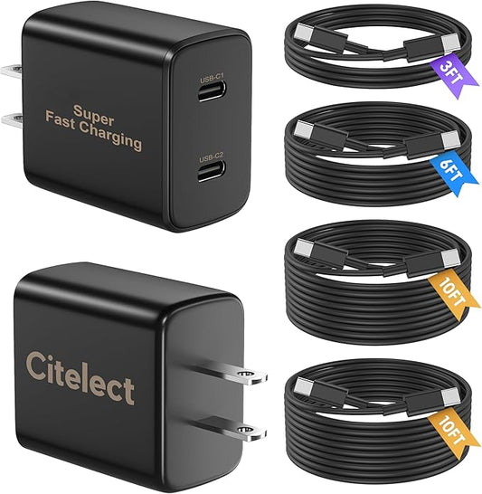 Super Fast Samsung Charger Type C, 2Pack Dual Port USB C Fast Charger Block with Long 60W 3/6/10/10FT USB C to C Cable for Samsung Galaxy S25/S25 Ultra/S25+/S24 Ultra /S24/S24+/S26/S23/iPhone 17