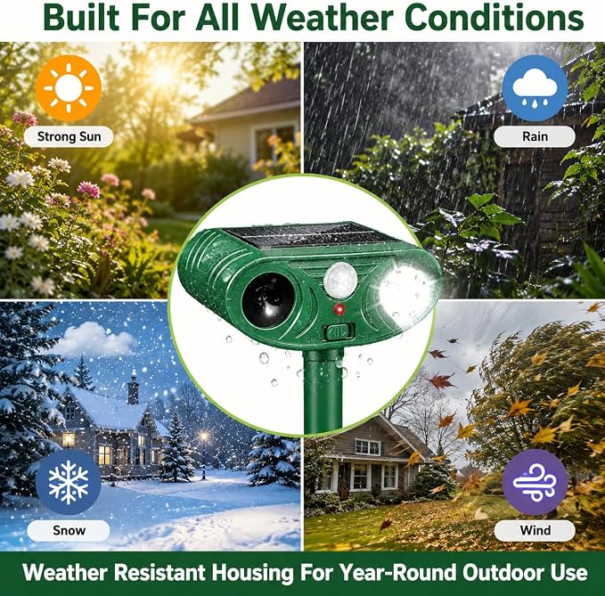 2 Pack Sonic Fortress Pro Deer Repellent Solar Animal Repeller Outdoor, Cats Deterrent Ultrasonic Animal Deterrent with Flashing Light, Deer Rabbit Squirrel Raccoon Fox Cat Repellent for Garden