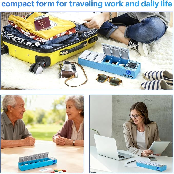 Weekly Medicine Pill Organizer with Alarm BPA Free 7-Day Travel Pill Dispenser with Auto-Learning Habit Sensor, Clear LCD, Rechargeable, Portable, Large Compartment for Vitamin, Supplements, Fish Oil