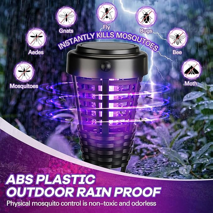4 Pcs Solar Bug Zapper Outdoor, Torch Zapper Lights Waterproof Mosquito Killer Lamp with Auto On/Off Lighting,Purple Bug Light and White Ambient Light for Garden Patio Yard Balcony(Black)