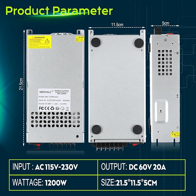 MEISHILE 60V 20A 1200W Switching Power Supply Adapter AC to DC Transformer Converter for LED Driver Strip Light Lamp, Machine, 120V 110V to 60Volt 5A 8A 10A 15A 16Amp