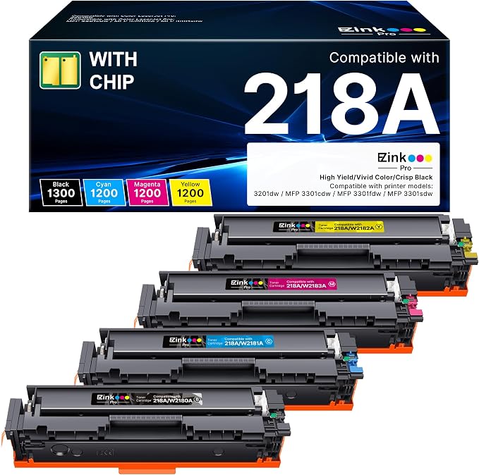 E-Z Ink Pro Compatible for HP 218A Toner Cartridges 4 Pack (with Chip) 3301fdw Toner Work for HP 218A 218X 218 for Color LaserJet Pro MFP 3301fdw 3301cdw 3201dw 3301sdw 3301 Printer Ink W2180A W2180X