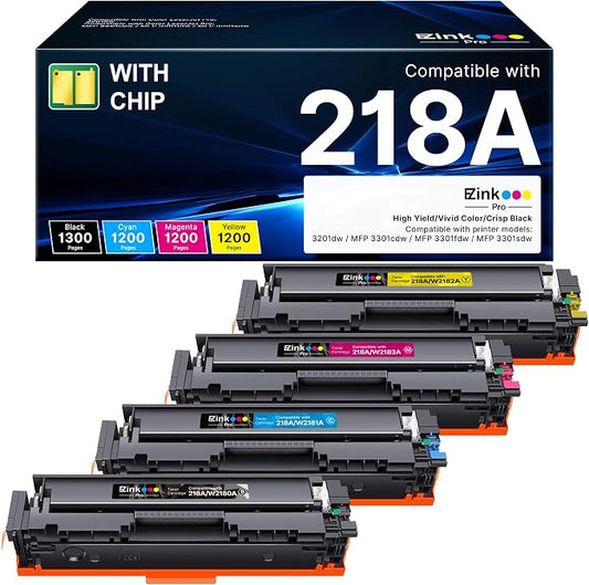 E-Z Ink Pro Compatible for HP 218A Toner Cartridges 4 Pack (with Chip) 3301fdw Toner Work for HP 218A 218X 218 for Color LaserJet Pro MFP 3301fdw 3301cdw 3201dw 3301sdw 3301 Printer Ink W2180A W2180X