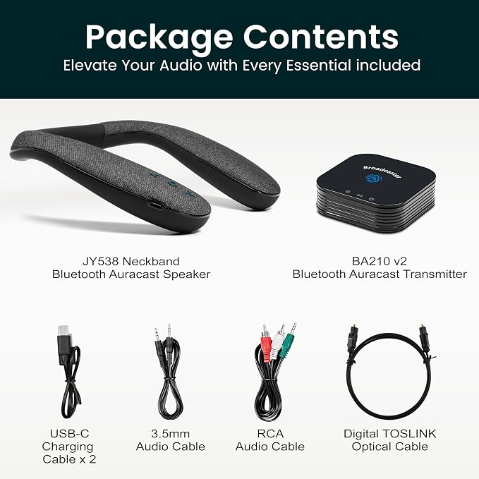 BA210 v2 Auracast Bluetooth 5.3 Transmitter with JY538 Neckband Speaker, 50 Hrs Battery, aptX Adaptive/LL/HD, Optical/3.5mm/RCA, for TV & Audio Systems