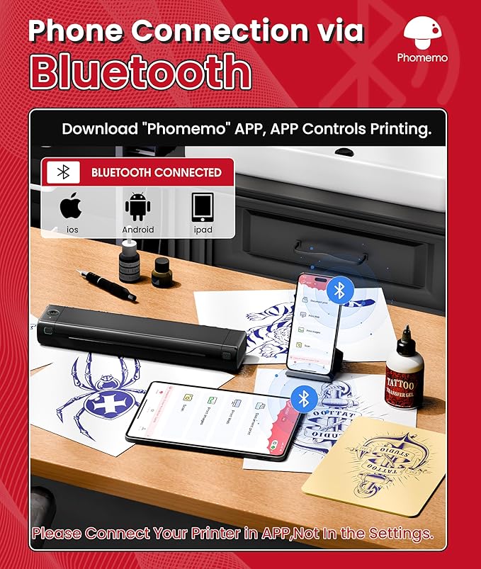 Phomemo Tattoo Stencil Printer, M08F Wireless Thermal Tattoo Printer with 10pcs Transfer Paper, Compatible with Phone/Tablet/PC, Tattoo Supplies for Tattoo Artists, AI Image Generation, All Black