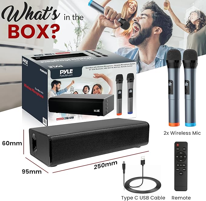 Pyle Wireless Soundbar with Mic and Remote Control, 10 inches 20W 2 Wireless Microphones, 5.0, A2DP, AVRCP Bluetooth Karaoke Sound System, USB, AUX-in, AUX Out,Black