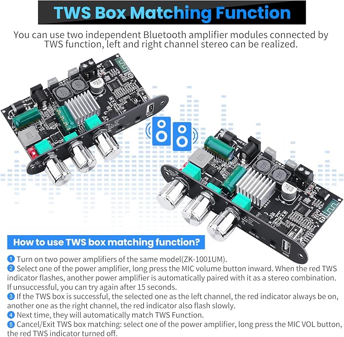 Bluetooth5.3 Mini Amplifier Board 100W Mono Power Amp with TWS Box, Karaoke Audio Amps Module with Boost for Home/Outdoor DIY Speakers, DC 9-24V, MIC and Reverb, Supports BT/USB/AUX Inputs