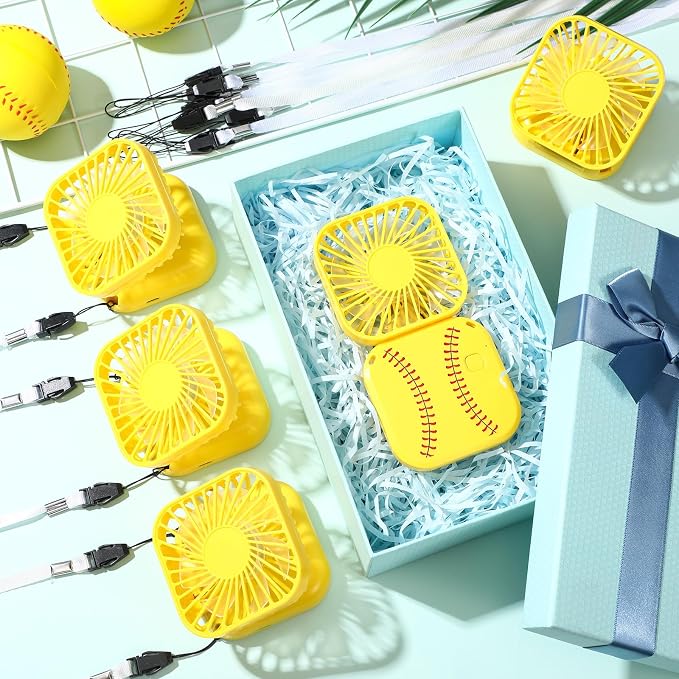 Retisee 12 Pcs Baseball Mini Portable Handheld Fans 3 Speed USB Rechargeable Necklace Fans Bulk 180° Foldable Electric Personal for Sport Party Favors Team Game Gift(Yellow,Softball)