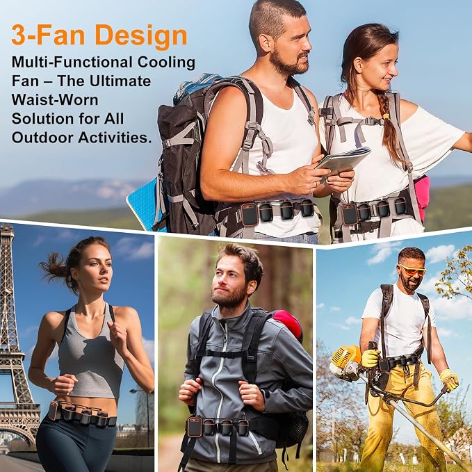Portable Waist Fan Belt with 3 Cooling Units,10000mAh Rechargeable Belt Fan ， Large Air Volume For Farm/Outdoor, Waist Blower Runtime 20H (223C2) (Black Orange)