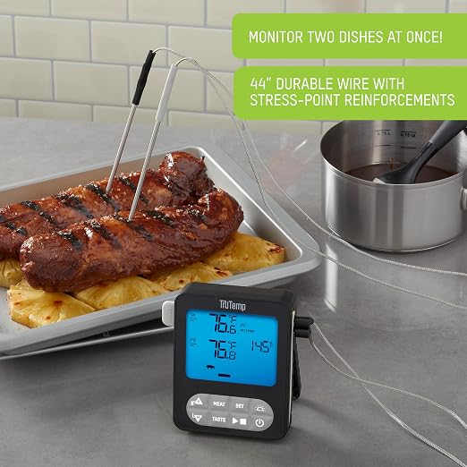 Taylor TruTemp Dual Probe Wired Programmable Meat & Food Thermometer, Digital, Monitor Two Dishes, Baking, Grilling, Roasting, User-Friendly, Backlit, Gray