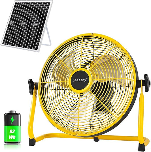 blessny 12" Solar Rechargeable Floor Fan with 35W Solar Panel for Home Outdoor Camping Gazebo Greenhouse Barn Poultry Pet House Cooling or Air Circulation, 23 Ft Long Cord